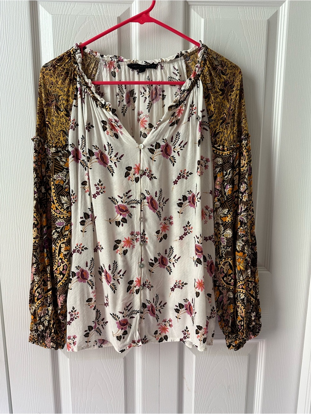 Jane and Delancey White Floral Button-Front Top with Mustard Paisley Sleeves